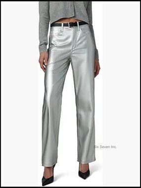 High Rise Straight Leg Jean in Vegan Leather with Metallic-Gold Finish